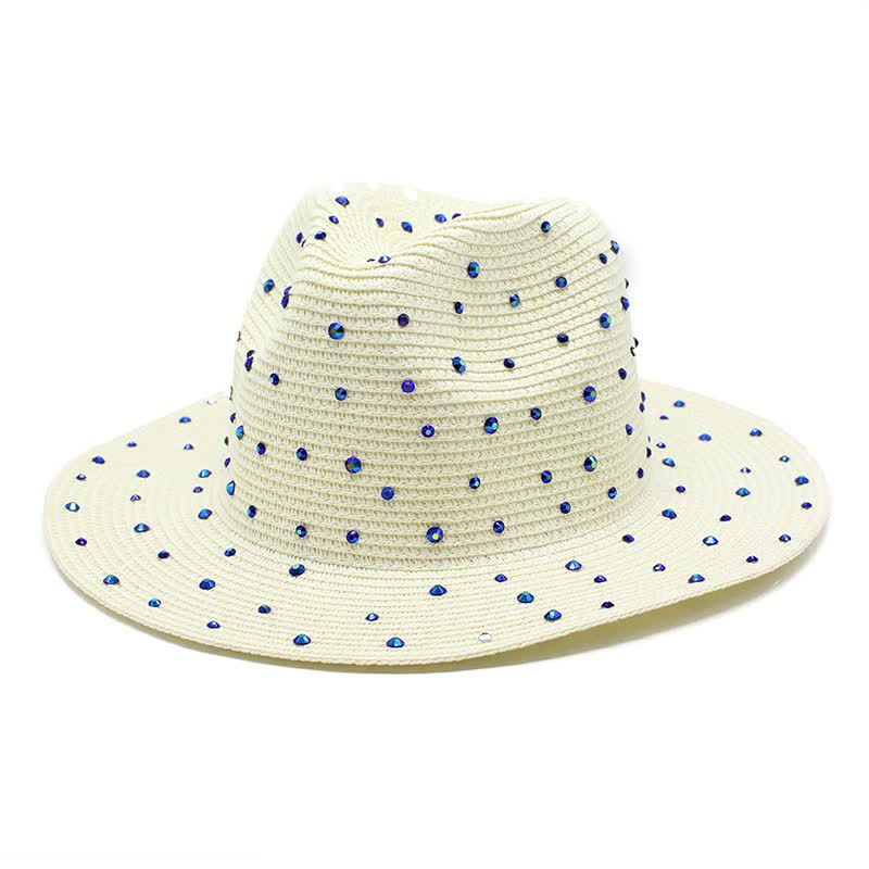 Milky white Women's Wide-Brim Straw Hat with Rhinestones - Elegant and Breathable Sun Hat for Summer Outdoors,M(56-58cm) Main image