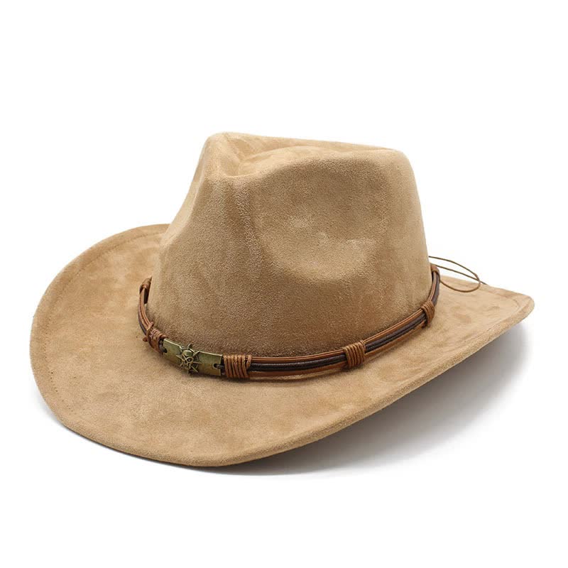 Light Tan Unisex Faux Suede Western Cowboy Hat - Wide Brim Vintage Fedora for Outdoor Travel Main image