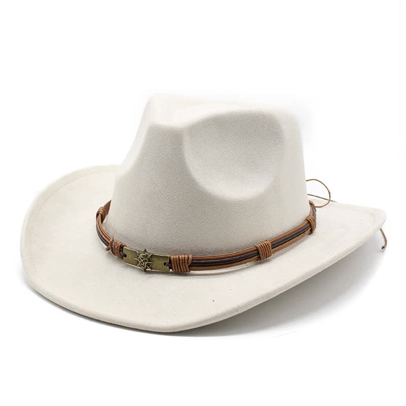 Off White Unisex Faux Suede Western Cowboy Hat - Wide Brim Vintage Fedora for Outdoor Travel,M(57-58cm) Main image