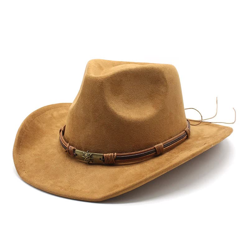 Khaki Unisex Faux Suede Western Cowboy Hat - Wide Brim Vintage Fedora for Outdoor Travel,M(57-58cm) Main image