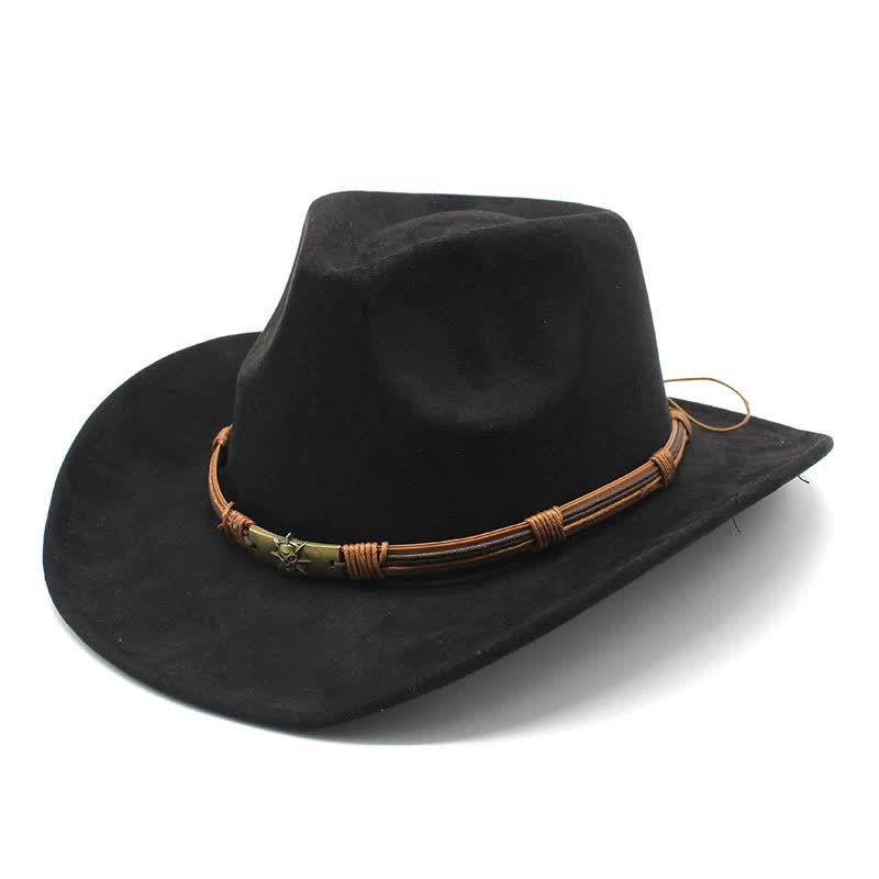 Black Unisex Faux Suede Western Cowboy Hat - Wide Brim Vintage Fedora for Outdoor Travel,M(57-58cm) Main image