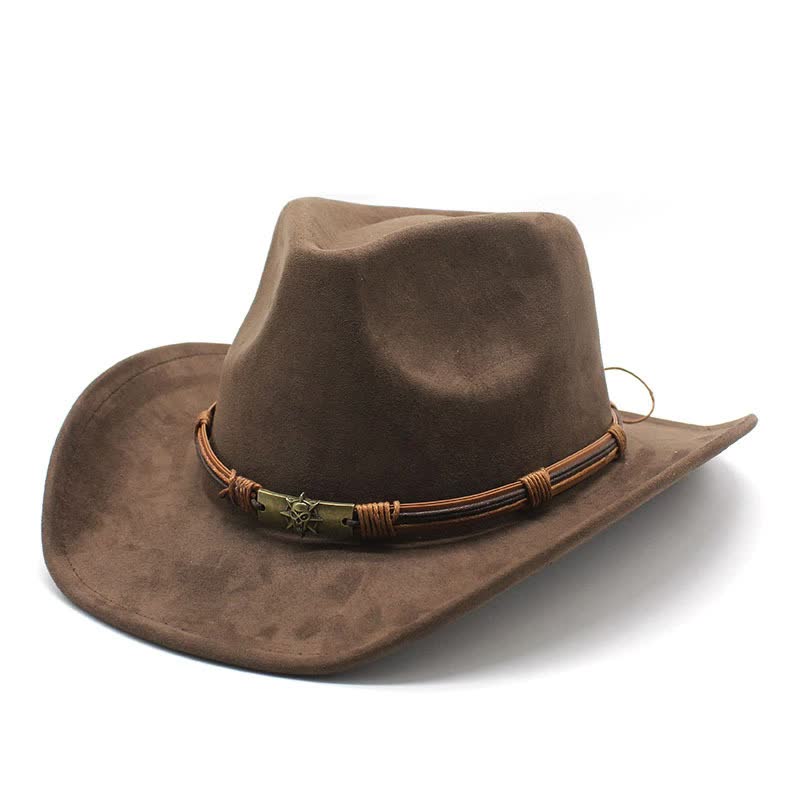 Brown Unisex Faux Suede Western Cowboy Hat - Wide Brim Vintage Fedora for Outdoor Travel,M(57-58cm) Main image
