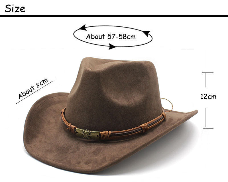 Brown Unisex Faux Suede Western Cowboy Hat - Wide Brim Vintage Fedora for Outdoor Travel,M(57-58cm) Secondary image