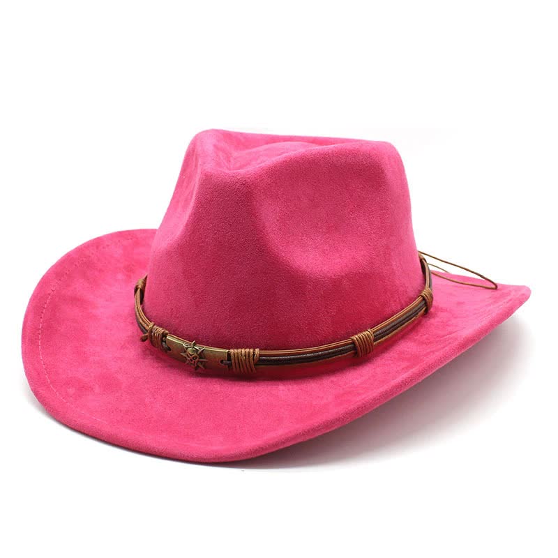 Rose Red Unisex Faux Suede Western Cowboy Hat - Wide Brim Vintage Fedora for Outdoor Travel,M(57-58cm) Main image