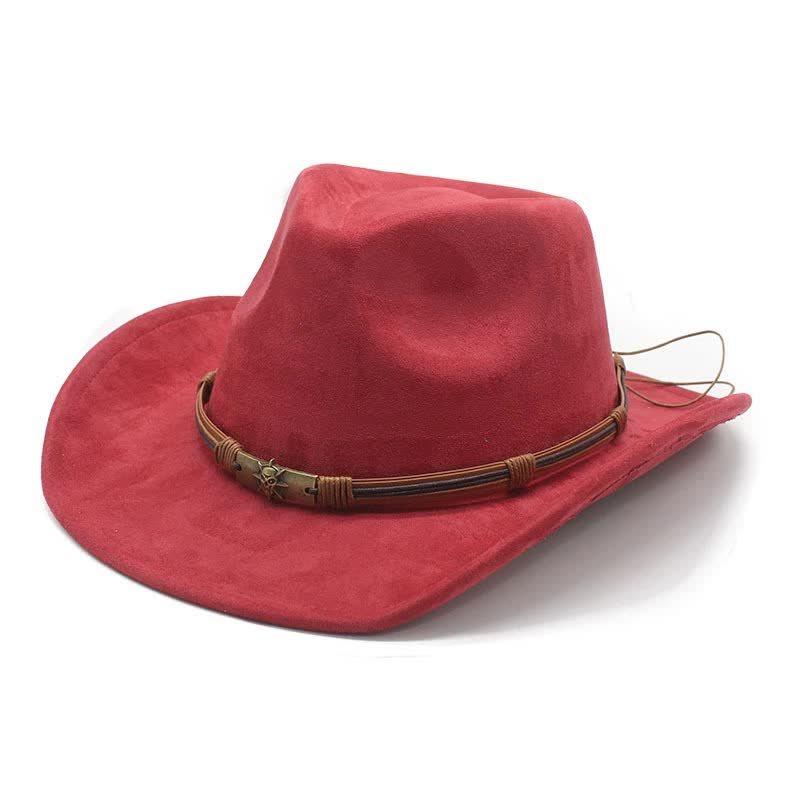 Wine Red Unisex Faux Suede Western Cowboy Hat - Wide Brim Vintage Fedora for Outdoor Travel,M(57-58cm) Main image
