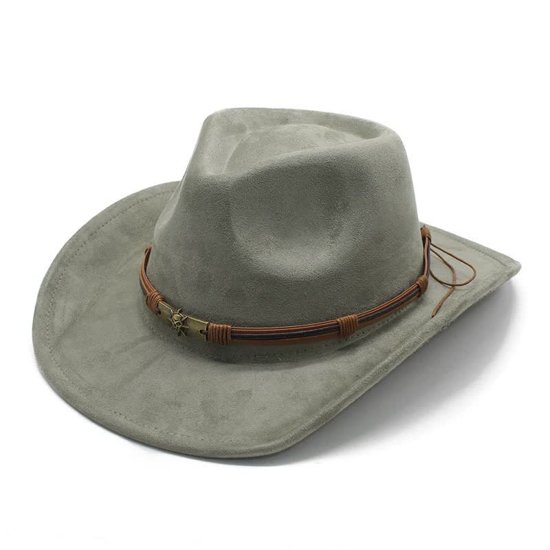 Green Unisex Faux Suede Western Cowboy Hat - Wide Brim Vintage Fedora for Outdoor Travel,M(57-58cm) Main image