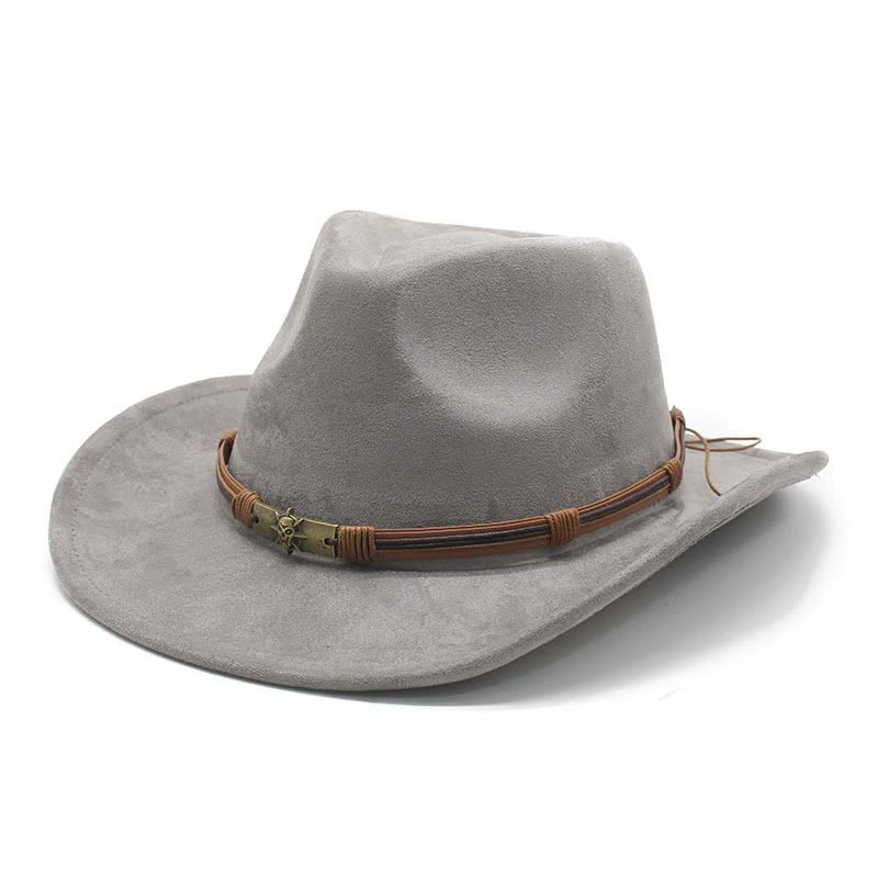 Gray Unisex Faux Suede Western Cowboy Hat - Wide Brim Vintage Fedora for Outdoor Travel,M(57-58cm) Main image