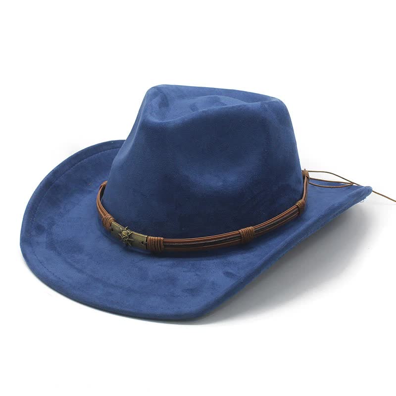 Blue Unisex Faux Suede Western Cowboy Hat - Wide Brim Vintage Fedora for Outdoor Travel,M(57-58cm) Main image