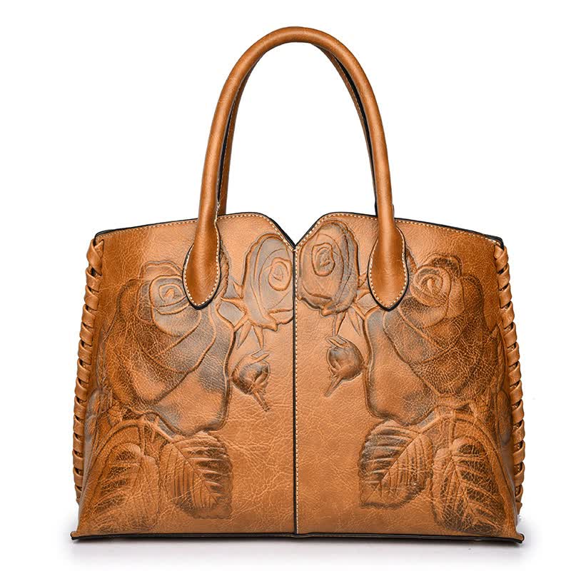 Brown Elegant Embossed Rose Leather Handbag - Vintage Style Tote Bag Main image
