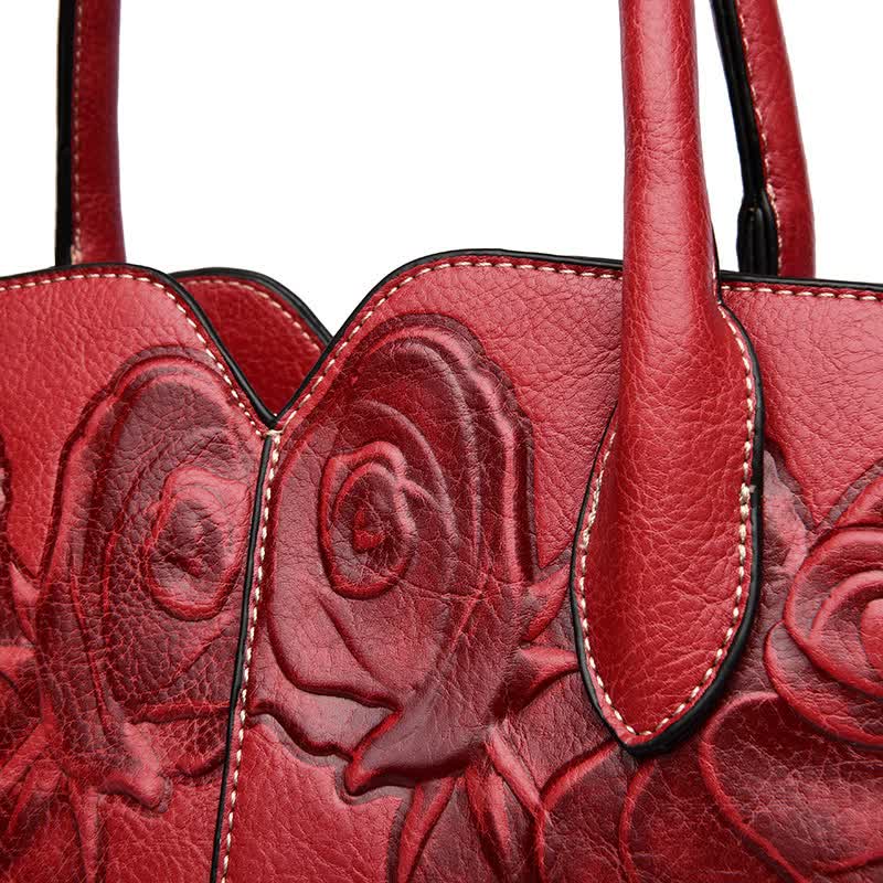 Brown Elegant Embossed Rose Leather Handbag - Vintage Style Tote Bag Secondary image