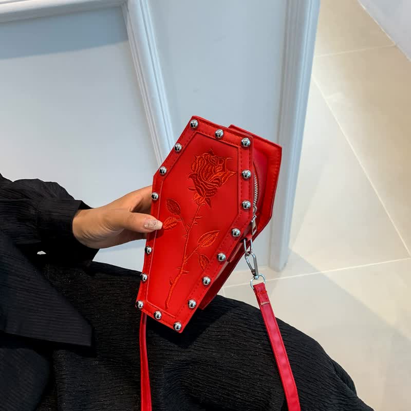Red Gothic Red Coffin-Shaped Crossbody Bag with Embroidered Rose - Unique Fashion Statement Main image