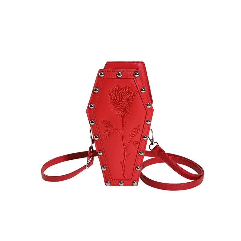 Black Gothic Red Coffin-Shaped Crossbody Bag with Embroidered Rose - Unique Fashion Statement Secondary image