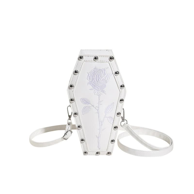 White Gothic Red Coffin-Shaped Crossbody Bag with Embroidered Rose - Unique Fashion Statement Main image
