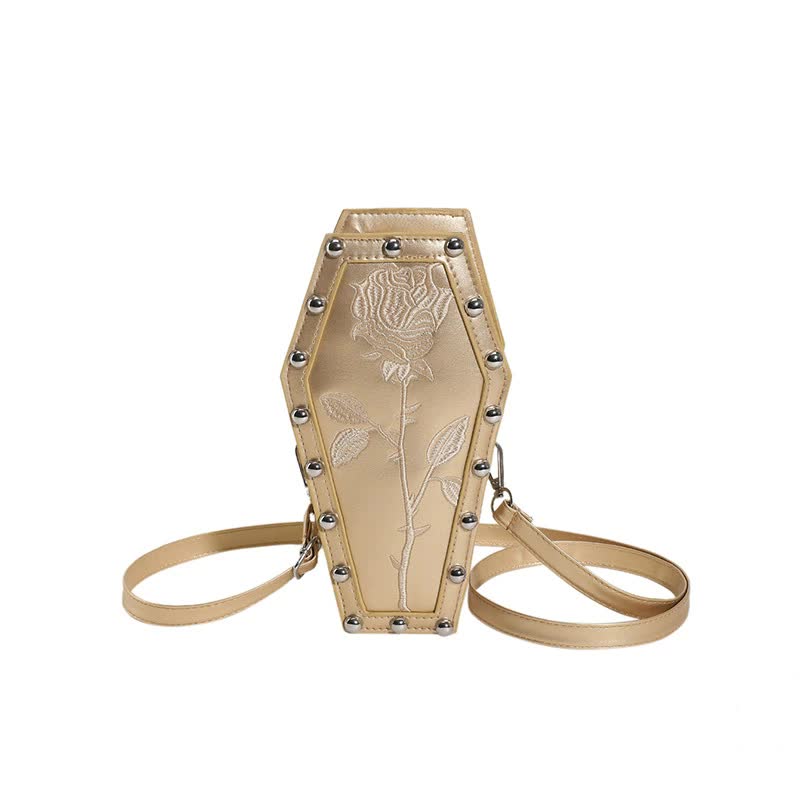 Gold Gothic Red Coffin-Shaped Crossbody Bag with Embroidered Rose - Unique Fashion Statement Main image