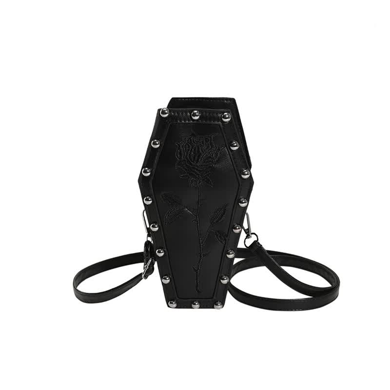 Gold Gothic Red Coffin-Shaped Crossbody Bag with Embroidered Rose - Unique Fashion Statement