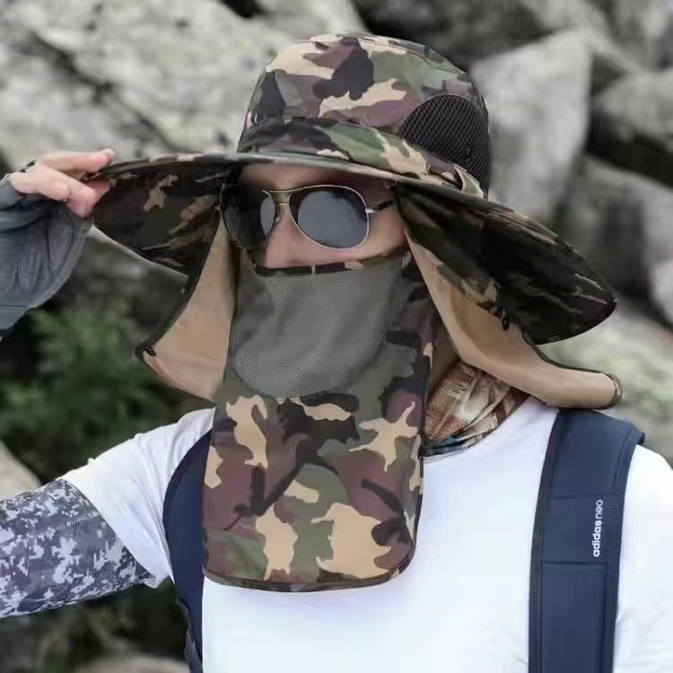 Dark Green Camouflage Outdoor Sun Protection Hat with Detachable Face and Neck Flap - UPF 50+ Main image