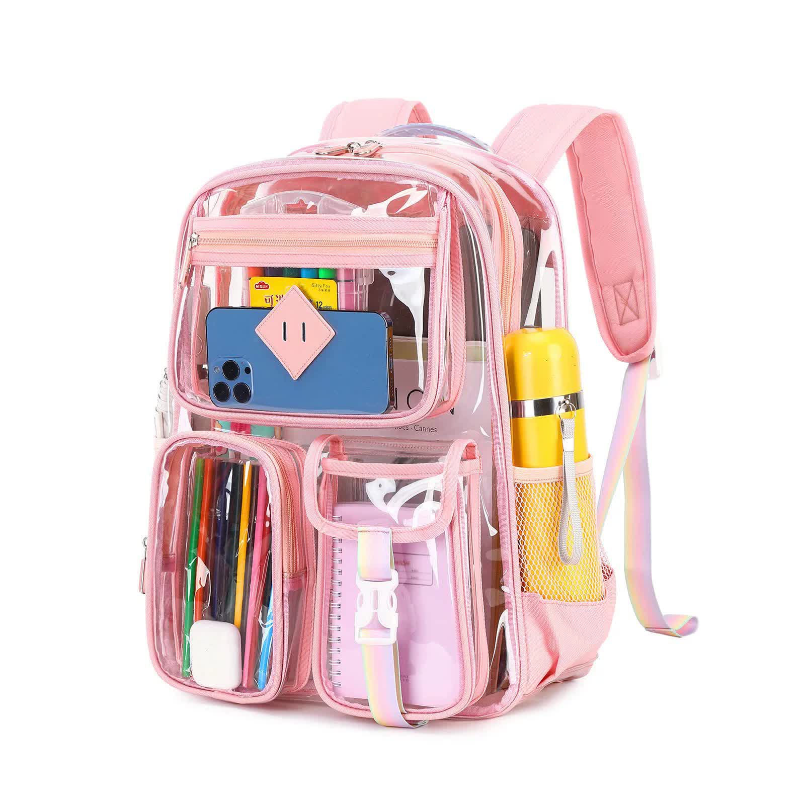 Pink Clear Transparent Backpack - Stylish PVC School Bag with Multiple Pockets Main image