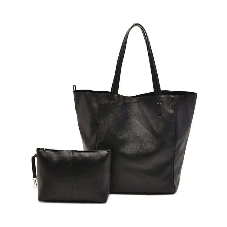 Black Classic Large PU Leather Tote Bag with Inner Pouch - Elegant and Functional Main image