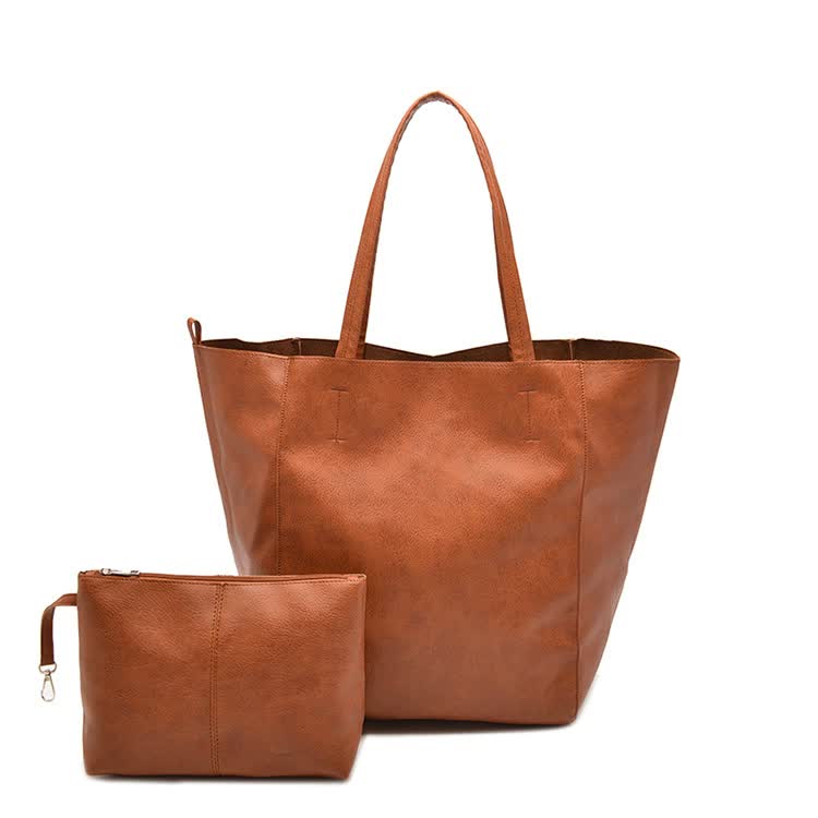 Brown Classic Large PU Leather Tote Bag with Inner Pouch - Elegant and Functional Main image