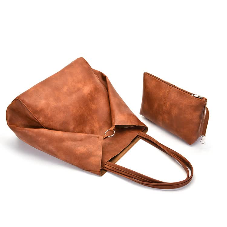 Brown Classic Large PU Leather Tote Bag with Inner Pouch - Elegant and Functional Secondary image