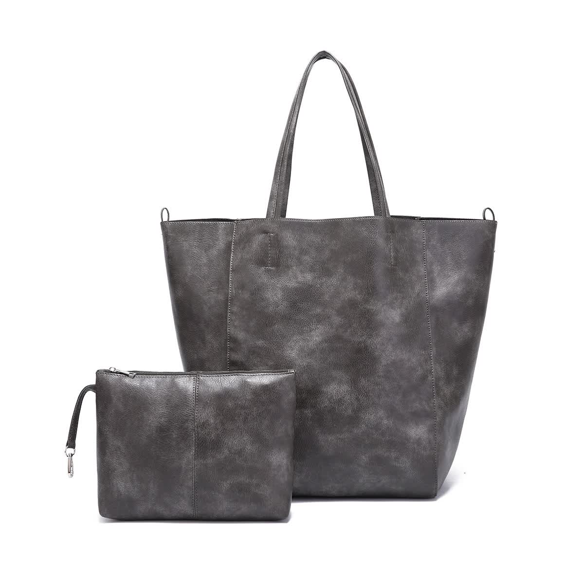 Grey Classic Large PU Leather Tote Bag with Inner Pouch - Elegant and Functional Main image
