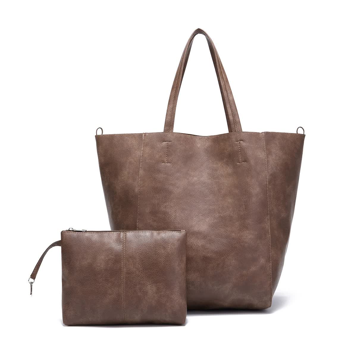 Brownish Classic Large PU Leather Tote Bag with Inner Pouch - Elegant and Functional Main image