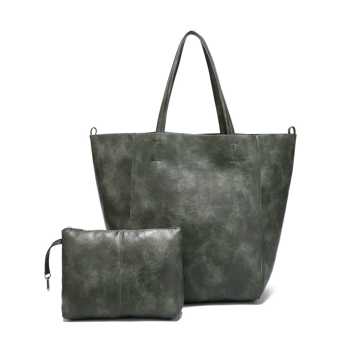 Grey-green Classic Large PU Leather Tote Bag with Inner Pouch - Elegant and Functional Main image