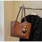 Brown Elegant Black PU Leather Tote Bag with Cute Bear Keychain - Large Capacity Handbag for Women (38 x 26 x 13 cm)