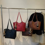 Brown Elegant Black PU Leather Tote Bag with Cute Bear Keychain - Large Capacity Handbag for Women (38 x 26 x 13 cm)