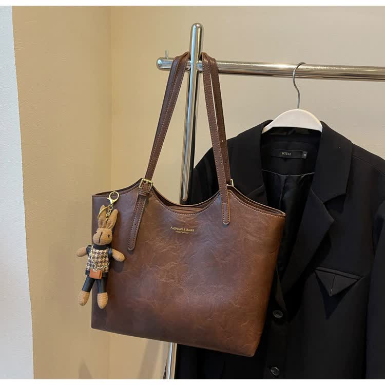 Coffee Brown Elegant Black PU Leather Tote Bag with Cute Bear Keychain - Large Capacity Handbag for Women (38 x 26 x 13 cm) Main image