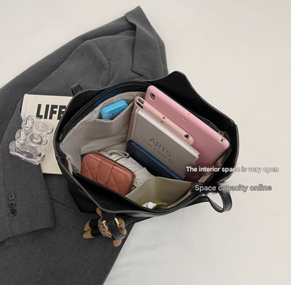 Coffee Brown Elegant Black PU Leather Tote Bag with Cute Bear Keychain - Large Capacity Handbag for Women (38 x 26 x 13 cm)