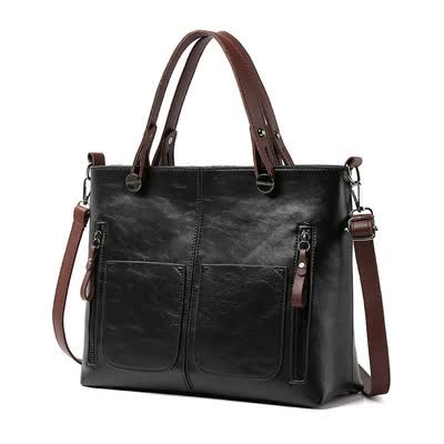 Black Women's Classic PU Leather Tote Bag with Double Handles - Multi-Pocket Shoulder Bag in Black Main image