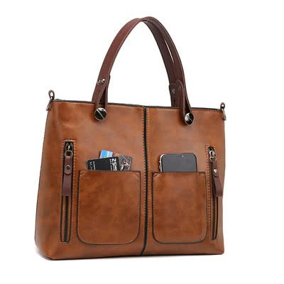 Brown Women's Classic PU Leather Tote Bag with Double Handles - Multi-Pocket Shoulder Bag in Black Main image