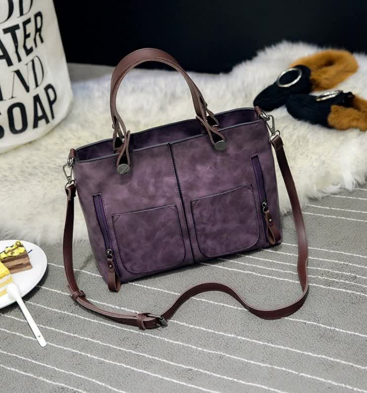 Purple Women's Classic PU Leather Tote Bag with Double Handles - Multi-Pocket Shoulder Bag in Black Main image