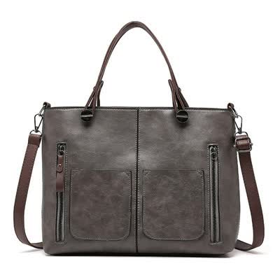 Grey Women's Classic PU Leather Tote Bag with Double Handles - Multi-Pocket Shoulder Bag in Black