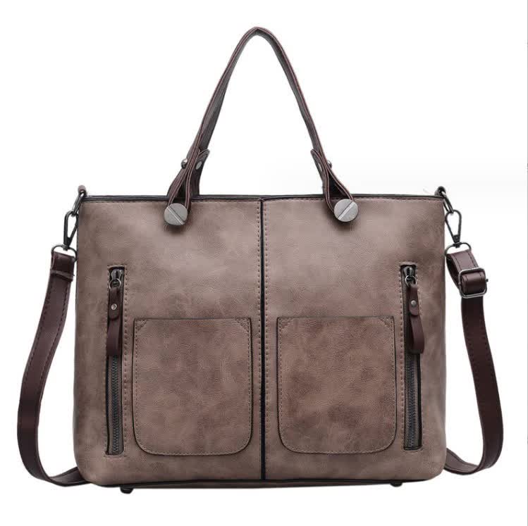 Flesh Pink Women's Classic PU Leather Tote Bag with Double Handles - Multi-Pocket Shoulder Bag in Black Main image