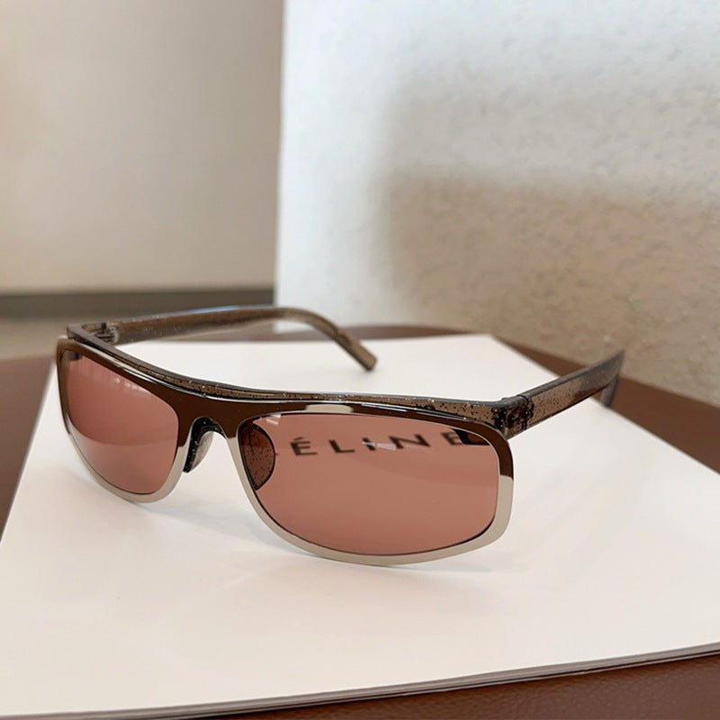 Pink Lenses With Brown Edges Trendy Curved Sunglasses - Cat Eye Design UV Protection Stylish Glare-Blocking Shades Main image