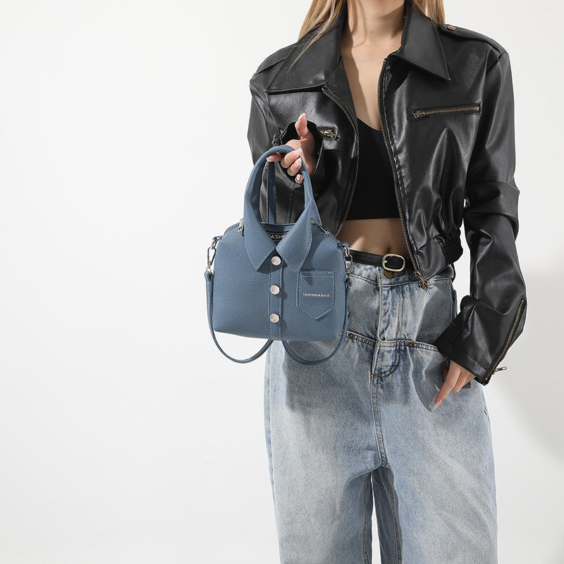 Denim Blue Trendy Shirt-Inspired PU Shoulder Bag | Stylish Handbag with Unique Design Secondary image