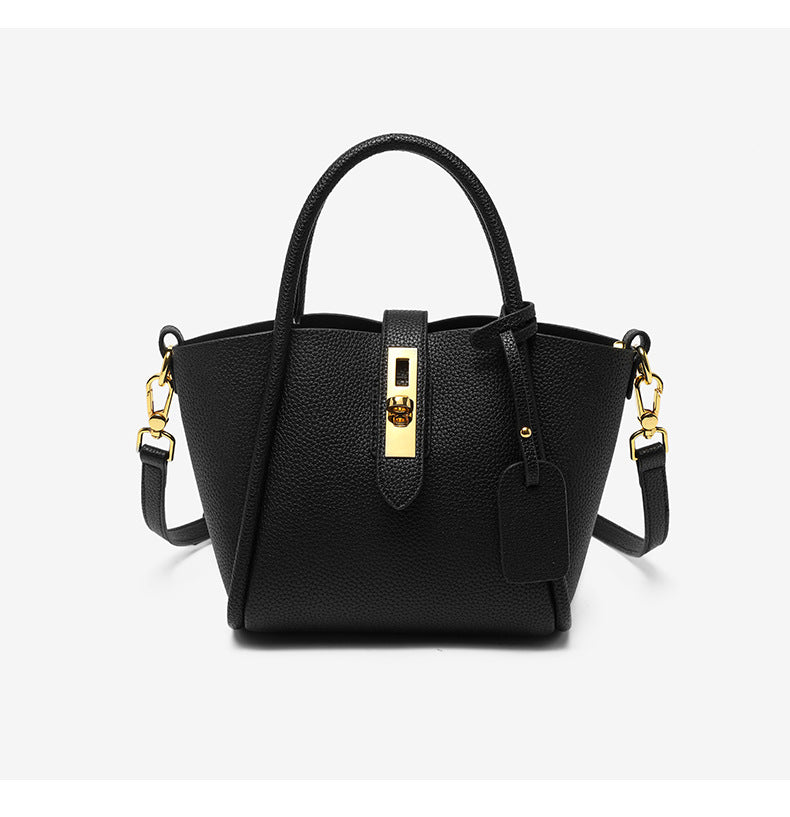 Black Genuine Leather Women's Handbag - Stylish Bucket Bag with Top Handle and Crossbody Strap Main image