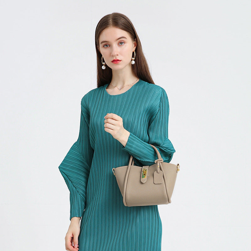 Beige Genuine Leather Women's Handbag - Stylish Bucket Bag with Top Handle and Crossbody Strap Main image