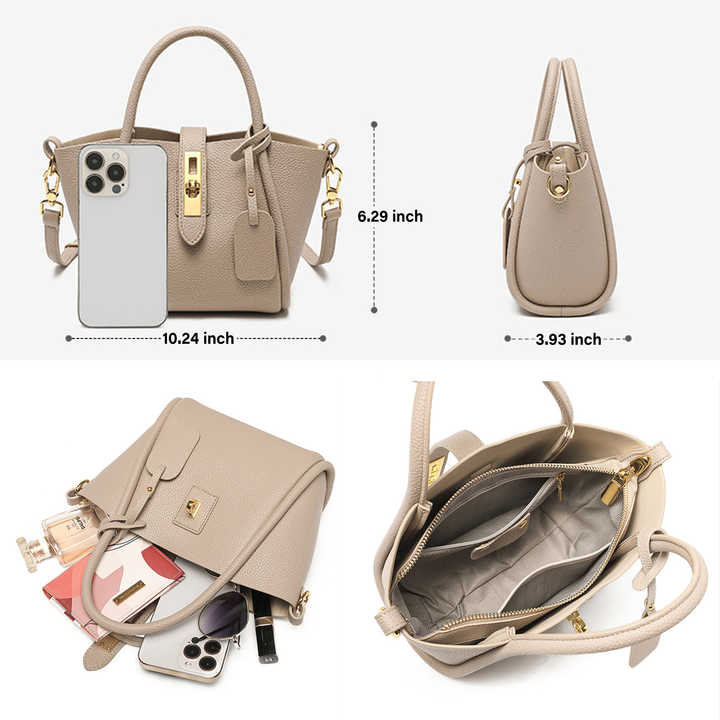 Beige Genuine Leather Women's Handbag - Stylish Bucket Bag with Top Handle and Crossbody Strap Secondary image