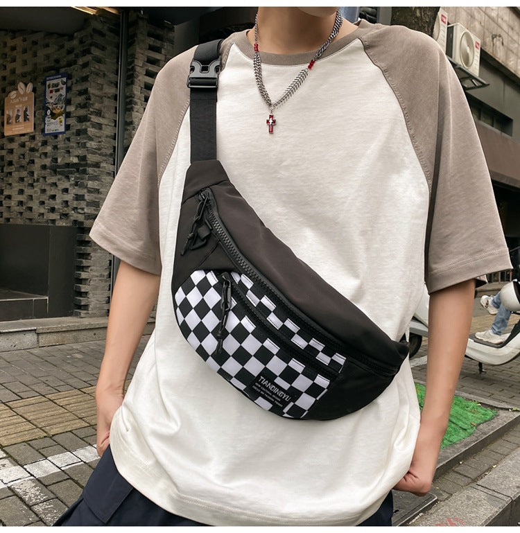 Black Patchwork Black and White Check Trendy Checkered Crossbody Bag - Color-Block Chest Bag for Men and Women, Lightweight Nylon Waist Bag Main image