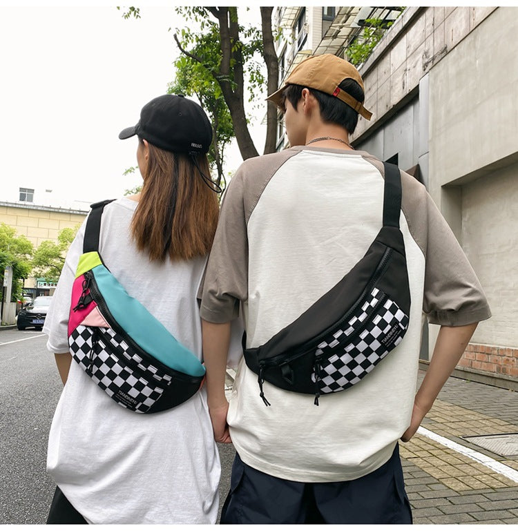 Black Patchwork Black and White Check Trendy Checkered Crossbody Bag - Color-Block Chest Bag for Men and Women, Lightweight Nylon Waist Bag Secondary image