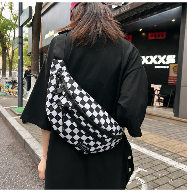 Black and White Check Trendy Checkered Crossbody Bag - Color-Block Chest Bag for Men and Women, Lightweight Nylon Waist Bag Main image