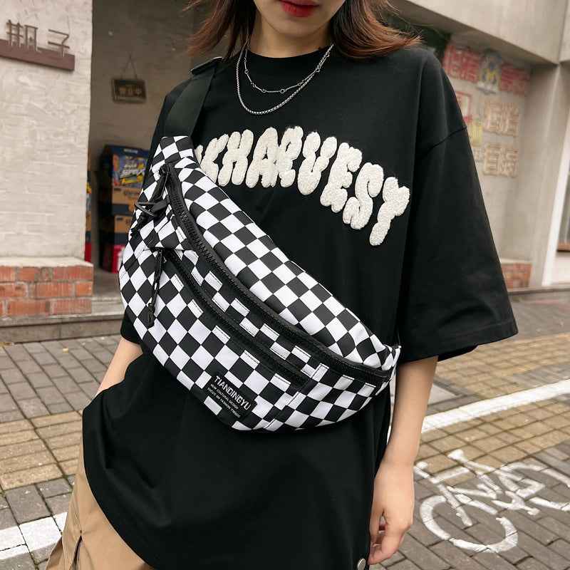 Black and White Check Trendy Checkered Crossbody Bag - Color-Block Chest Bag for Men and Women, Lightweight Nylon Waist Bag Secondary image