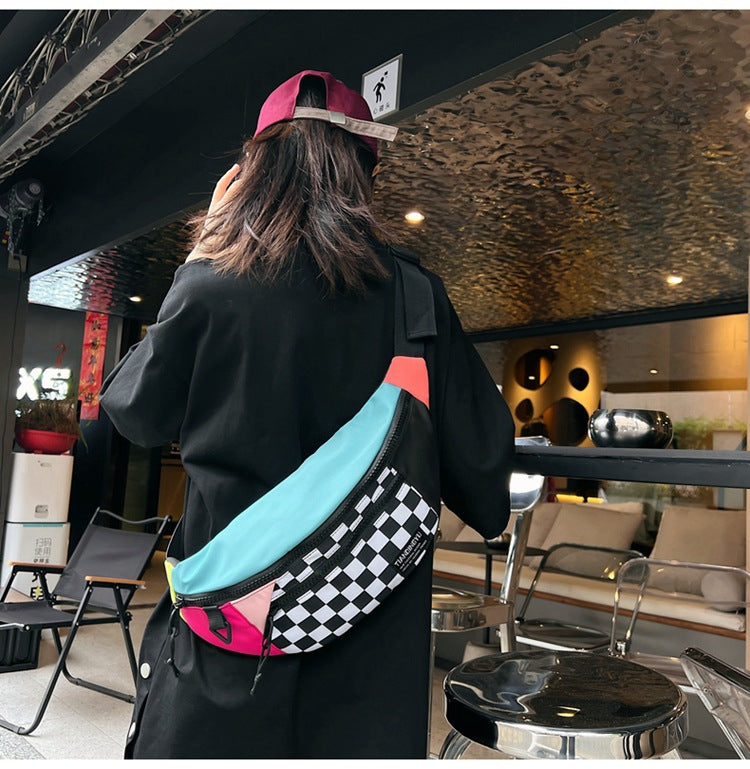 Multi-Coloured Patchwork Black and White Check Trendy Checkered Crossbody Bag - Color-Block Chest Bag for Men and Women, Lightweight Nylon Waist Bag Main image