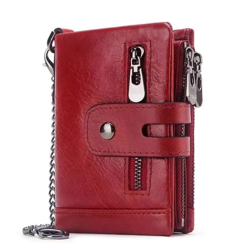 Red Genuine Leather Tri-Fold Wallet - Fashionable Multi-Card Men's and Women's Wallet Main image