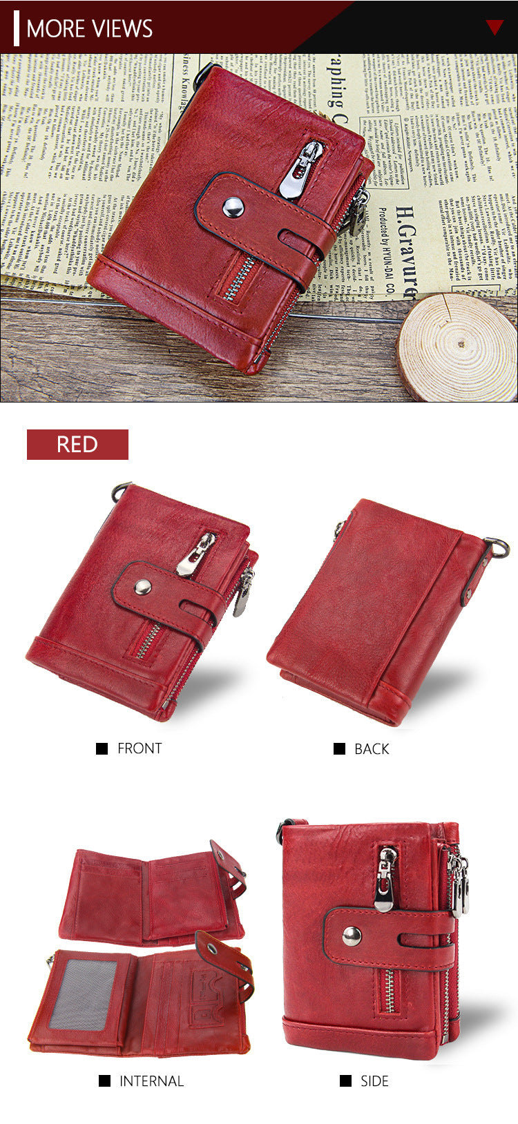 Red Genuine Leather Tri-Fold Wallet - Fashionable Multi-Card Men's and Women's Wallet Secondary image