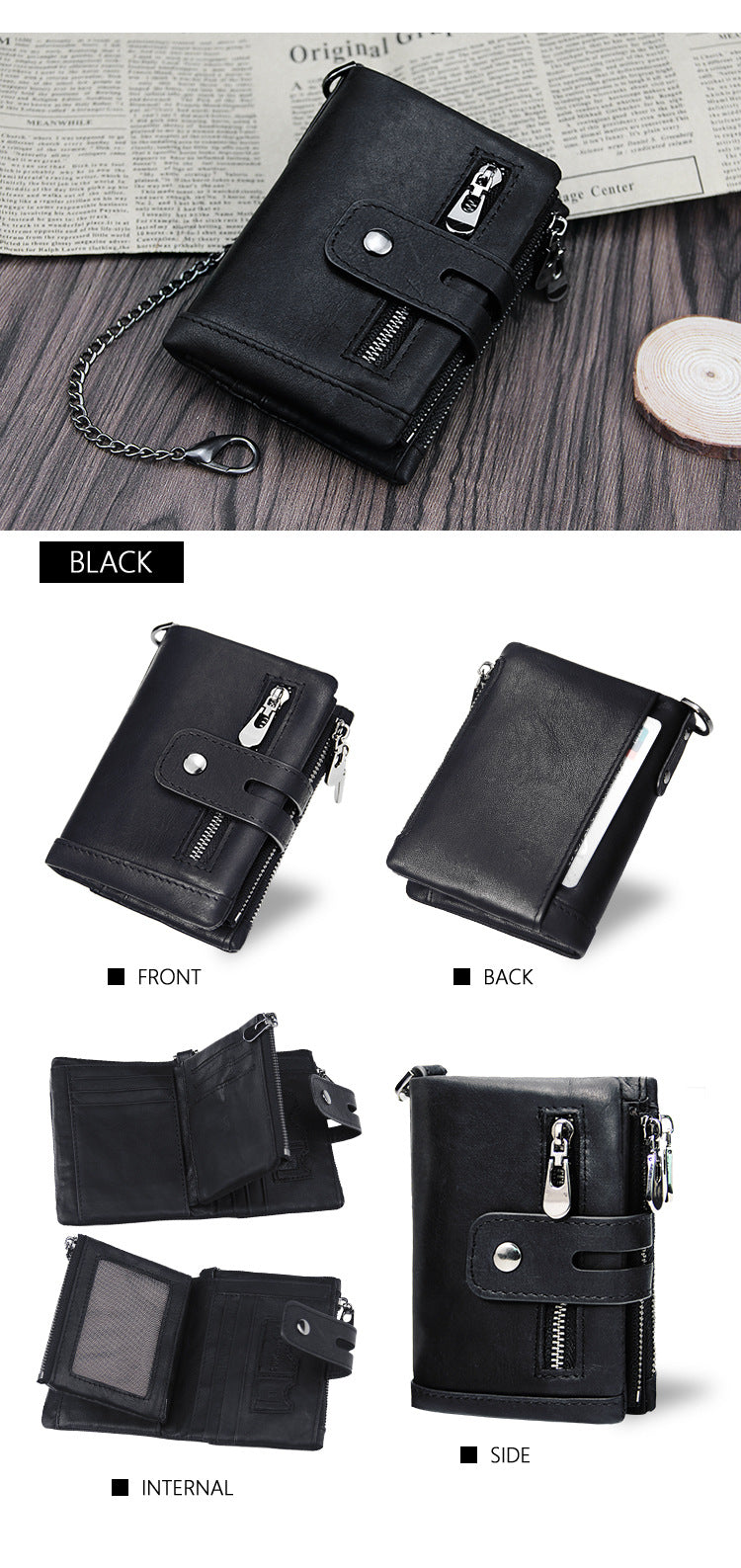 Black Genuine Leather Tri-Fold Wallet - Fashionable Multi-Card Men's and Women's Wallet Secondary image