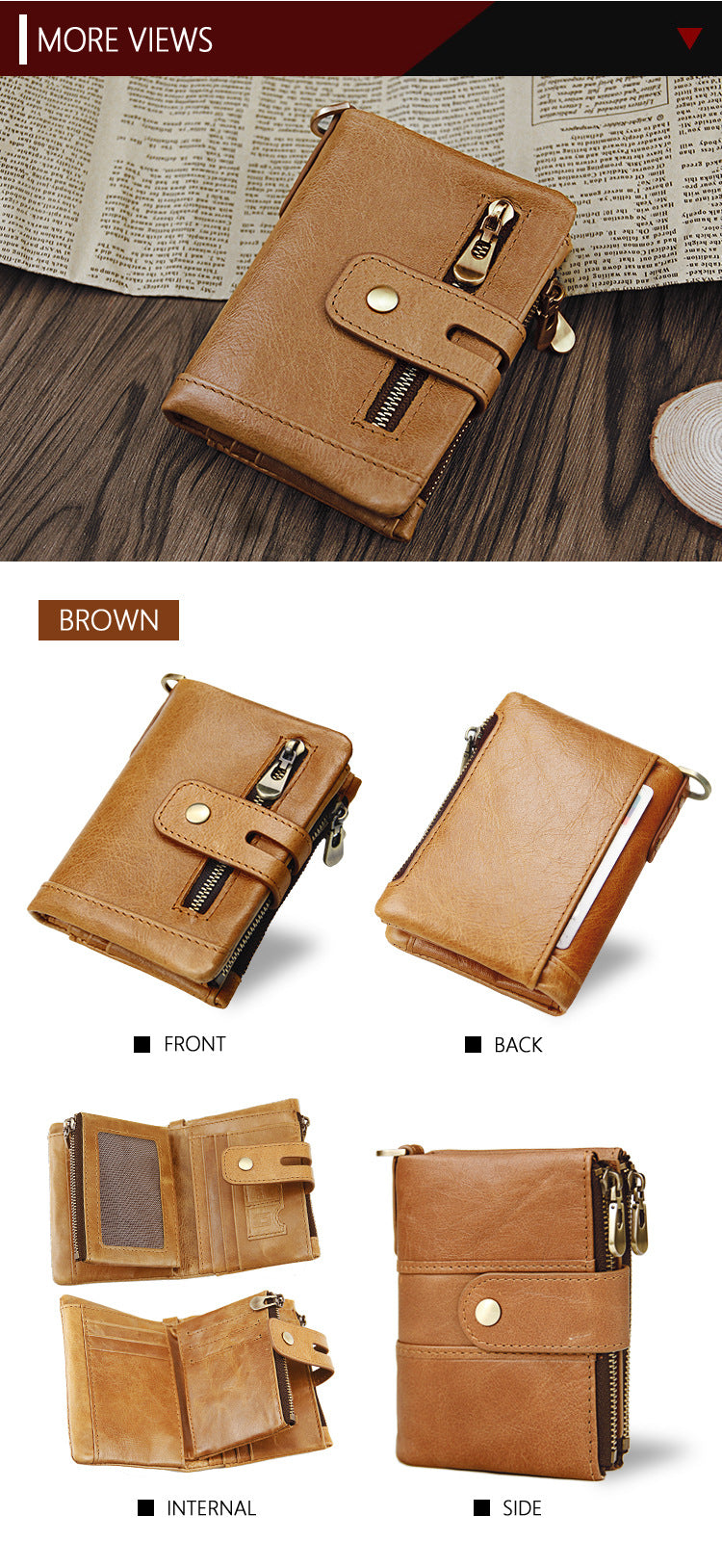 Brown Genuine Leather Tri-Fold Wallet - Fashionable Multi-Card Men's and Women's Wallet Secondary image
